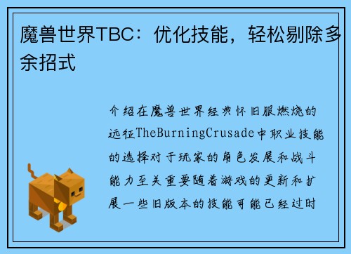 魔兽世界TBC：优化技能，轻松剔除多余招式